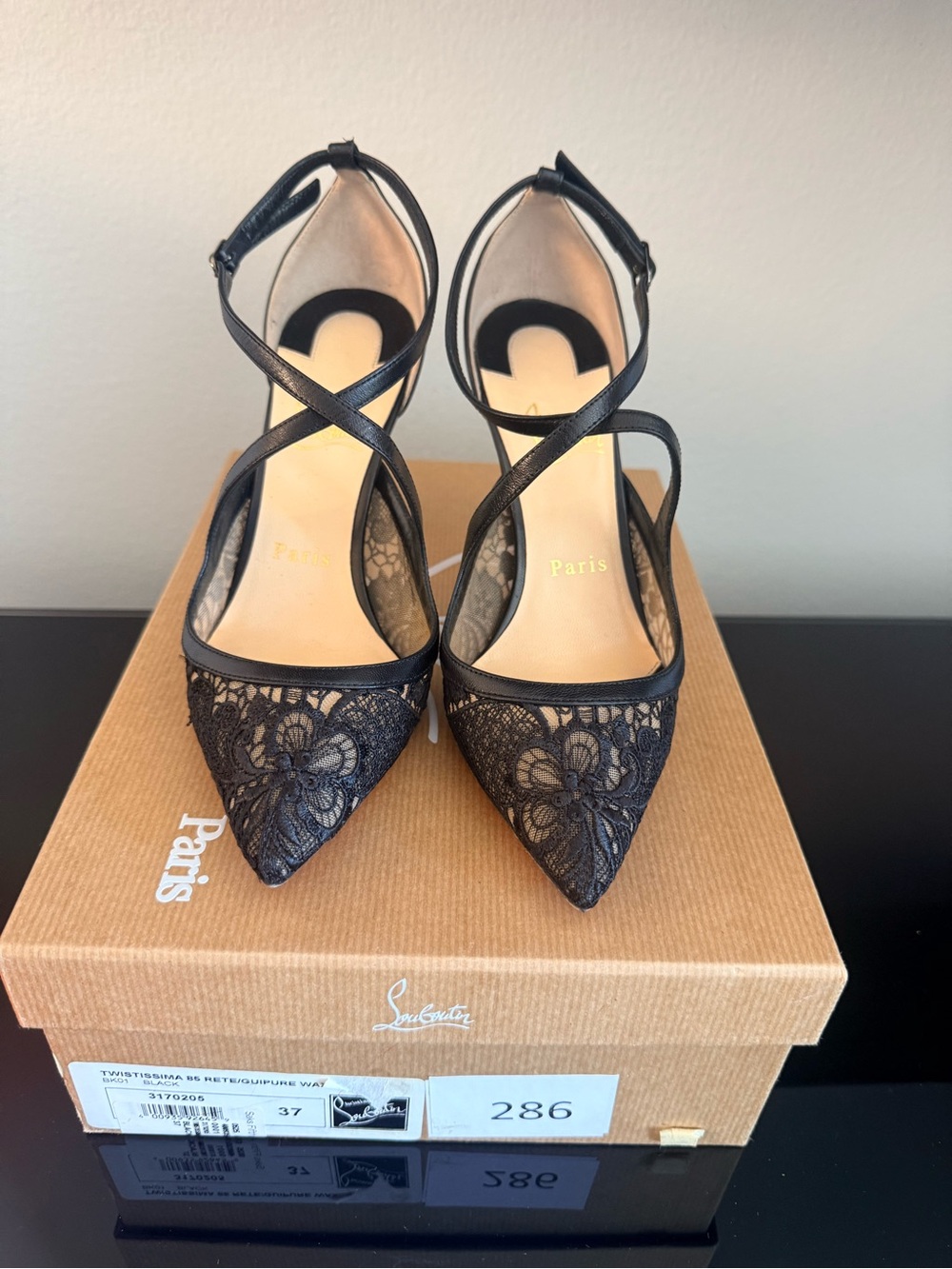 Christian Louboutin Black Lace Pointed-Toe Crisscross Ankle-Strap Pumps